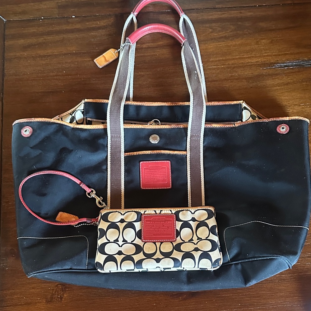 Coach Black and Red Shoulder Bag with Patterned Pouch